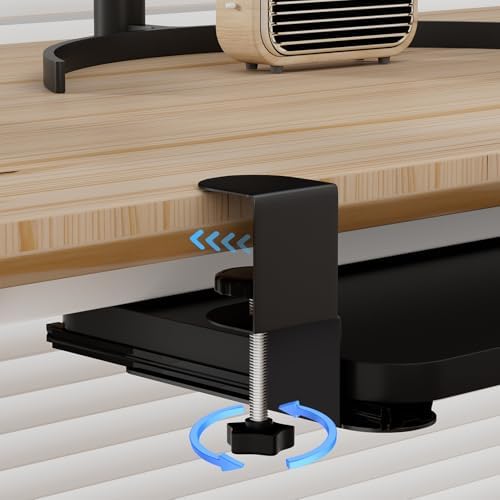 diowewea No-Drill Under-Desk Keyboard Tray, Tray with Adjustable C Clamp, Drawer Desk Extender, Pull Out Keyboard Holder, Black Black
