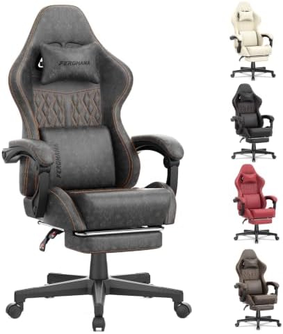 Ferghana Vintage PU Leather Gaming Chair, Ergonomic Reclining Racing Gamer Chair with Massage Lumbar Support, High Back Computer Office Chair with Footrest for Adults, Grey