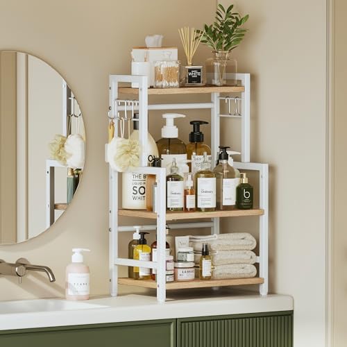 Kitchen Countertop Organizer, 3 Tier Large Spice Rack Organizer with Adjustable Shelf and 5 Hooks, Wooden Counter Organizer, Countertop Shelf Microwave Stand for Kitchen Coffee Bar, Light Coffee