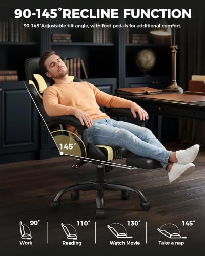 LUCKRACER Gaming Chair with Footrest, Pocket Spring Seat, 90°-135° Reclining Computer Chair with Linkage Armrests, Lumbar Support, Height Adjustment, SGS-Tested Gas Lift, 330 lbs Capacity, Yellow