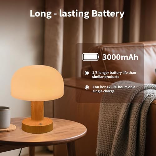 Mushroom Operated Table Lamp 3000mAh Cordless Rechargeable, Touch Dimmable Desk Lamp, LED Night Light for Patio Camping Restaurant Home, H7.3in, Wood Grain