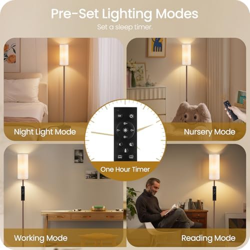 Dimmable Floor Lamps for Living Room with Remote and Foot Switch, 64.4” Modern Standing Tall Lamp, Corner Lamp for Bedroom, Bulb Included, 3000K-6500K, Beige and Brown, FCC Listed VE06LD05W1