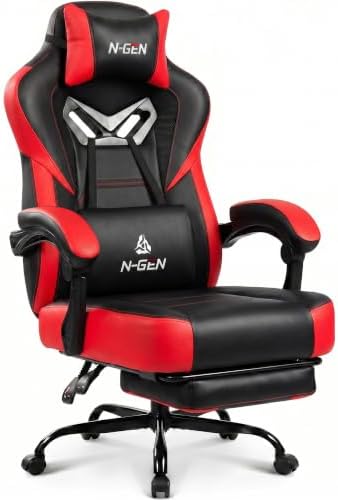 N-GEN GAMING Big & Tall Gaming Chair with Footrest, Lumbar Support, Red