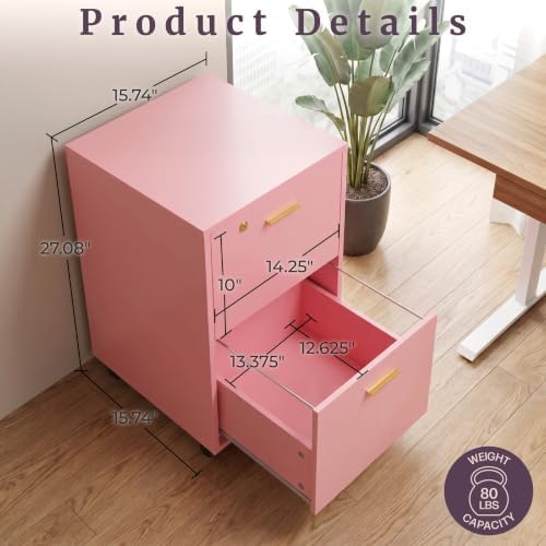 Lavish Home 2-Drawer Wooden File Cabinet with Lock, Pink, 16” x 27”