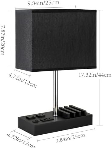 Briever USB Table Lamp, Multi-Functional Desk Lamp with 2 AC Outlets, Bedside Lamp with 3 USB Charging Ports and Wooden Phone Stands, Nightstand Lamp for Bedroom, Livingroom, Office, Black Shade