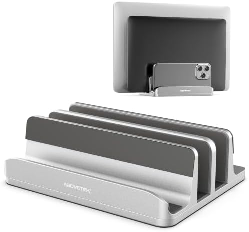 AboveTEK Vertical Laptop Stand, 3 Slots Aluminum Desk Laptop Holder & Laptop Docking Station Stand for MacBook, Tablet, Phone - Universal Fit (Up to 17.3") - Heavy Duty Polished, Anti Slide - Silver