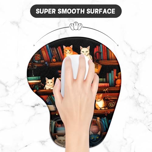 ITNRSIIET Ergonomic Mouse Pad Coaster Set with Gel Wrist Support Wrist Rest Smooth Surface Non-Slip PU Base Comfortable Office Supplies Pain Relief, 9.5 x 8.3 inches, Cat on the Desk