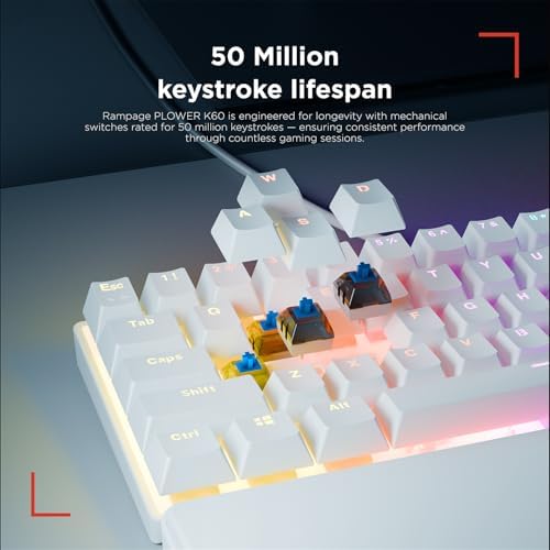 Rampage K60 Mechanical Gaming Keyboard – 62 Keys, Compact 60% Layout, Blue Switches, LED Backlit, Anti-Ghosting, Wired (White, Windows/Mac Compatible)