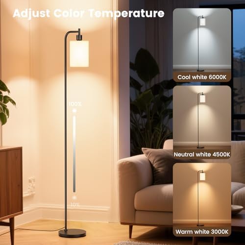 SIBRILLE Floor Lamp with Linen Shade, Dimmable Tall Standing Lamp with Remote Control & 3 Color Temperatures, Modern Floor Lamps for Living Room Bedroom Office Corner, 9W LED Bulb Included