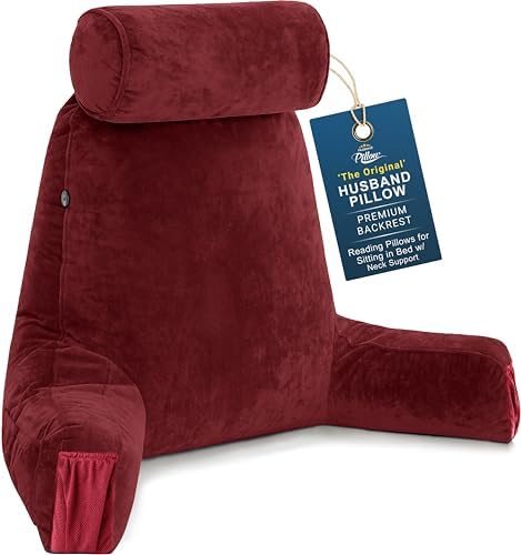 Husband Pillow Medium Reading Pillow with Arms - 23" Backrest for Sitting Up in Bed - Firm Support Bed Rest Pillow for Adults, Neck Roll, Removable Cover - TV, Reading, Lounging - Maroon