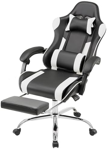 NEWBULIG Computer Gaming Desk Chair - High Back Ergonomic Lumbar Support with Footrest and Headrest, Comfy PU Leather Recliner with Linkage Armrest, Height Adjustable and 360° Swivel, White