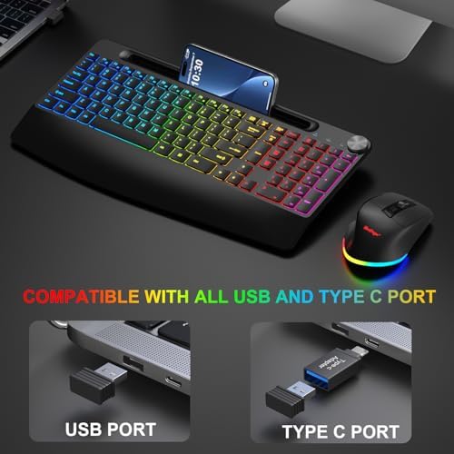 BlueFinger Wireless Keyboard and Mouse Combo Backlit, 2.4G Rechargeable Ergonomic Gaming Keyboard with Wrist Rest, Phone Holder, Volume Knob, Silent Light Up Keyboard with Mouse for Computer Laptop