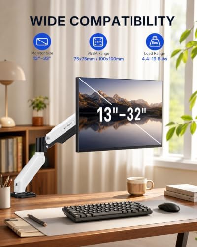 MT-VIKI Single Monitor Arm for 17"-32" Monitors, Gas Spring Adjustable Desk Mount, Quick Release VESA Plate, Full Motion with Cable Management, Clamp & Grommet Base, Supports 4.4–19.8 lbs, White