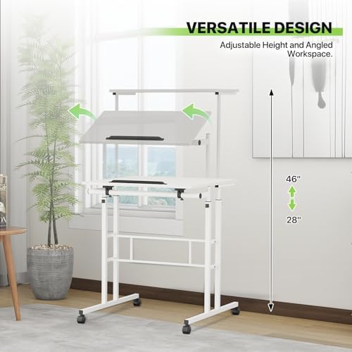 Magshion Rolling Standing Desk with Wheels, Height Adjustable Laptop Desk for Walking Pad, Mobile Workstation with Tilt Top, 28" to 46" Height Range for Home Office & Small Spaces, White