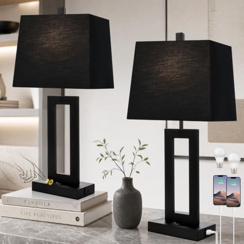 Cinkeda Black Bedside Table Lamp Set of 2, Nightstand Lamps with USB Ports