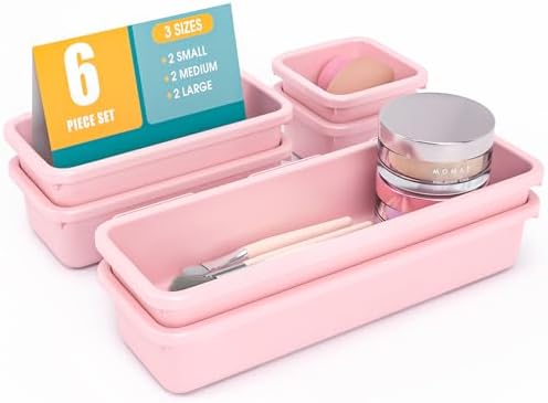 6 PCS Drawer Organizer Set, 3 Size Makeup Drawer Divider Organizer With Non-Slip Pads, Interlocking Plastic Storage Bins for Office,Jewelry Vanity,Gadgets, Bathroom,Kitchen, Pink