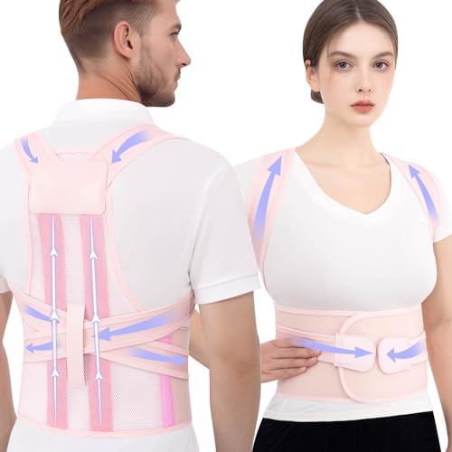 Posture Corrector for Women and Men, Full Back Brace for Posture Support, Adjustable Upper Back Brace with Waist Belt, Shoulder Straightener for Hunchback, Back Support for Work, Home, Office Pink, Medium