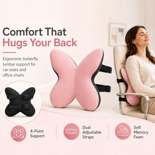 Back Support for Office Chair,Lumbar Support Pillow for Office Chair,Back Pillow for Chair,Memory Foam Back Cushion for Car Seat,Computer Chair Cushion,Removable &Washable Cover (Enhanced Pink)