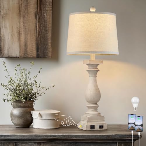 28" Tall Farmhouse Table Lamps with USB C+A Ports and AC Outlet, 3 Way Touch Control Rustic Bedside Lamps for Bedroom, Beige Vintage Nightstand Lamps for Living Room Office