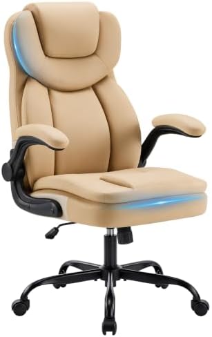 Ergonomic PU Leather Office Chair with Double-Layer Seat Cushion, Adjustable Armrest and Headrest, Reclining Backrest 360° Swivel Rolling Computer Desk Chair for Home Office Gaming Space, Khaki