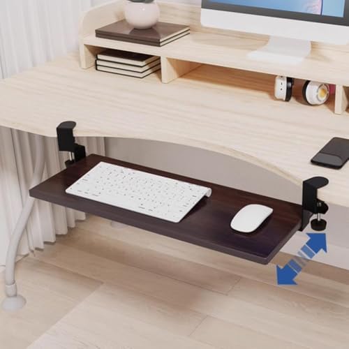 Clamping Computer Keyboard and Mouse Tray, Pull Out Platform Drawer with 45° Adjustable C-Clamp, Under Desk Keyboard Tray Slide Out, Easy to Install (Vintage Brown)(75x24cm)