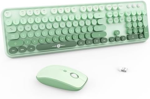 FOPETT Wireless Keyboard and Mouse Combo - 2.4G Full-Sized Cute Colorful Mouse and Keyboard with 104 Round Keys Retro Typewriter Keyboard for Laptop/Windows/PC - Green Gradient