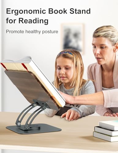 Tounee Book Stand for Reading, Adjustable Book Holder with 360° Swivel Base, Foldable Cookbook Stand Recipe Book Holder with Elastic Page Clips for Music Scores, Recipe, Tablet, Laptop-Gray