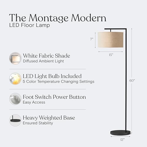 Brightech Montage Modern Floor Lamp - LED Standing Lamp with Tan Shade for Living Rooms & Offices - Bedroom Reading Light - Tall Corner Pole Lamp for Contemporary Home Decor - Black