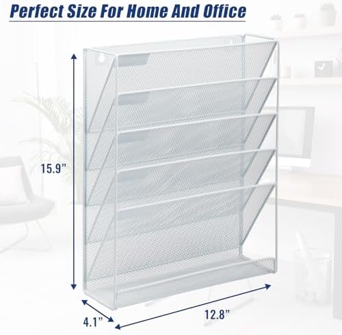 EASEPRES Desk File Organizer Mesh 6-Tier, Hanging Wall Mount Document Organization Stand, Desktop Vertical Mail Paper Folder Holder Rack with Bottom Tray for Office Home Cubicle Countertop, White