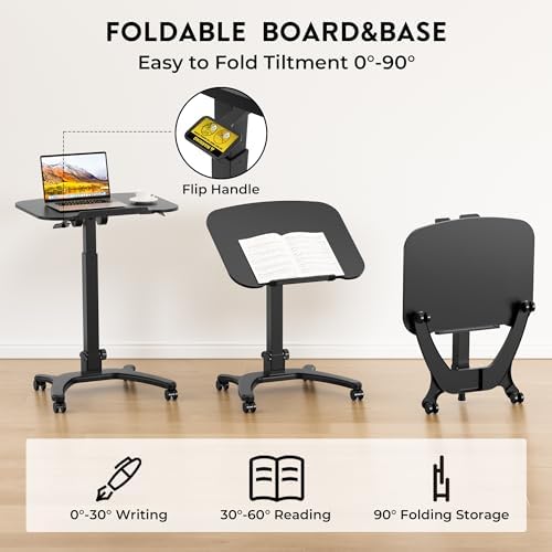 BONTEC Mobile Foldable Standing Desk, Gas Spring, 25.6 x 19.7 Inch, Black