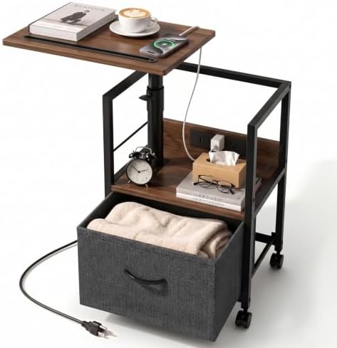Faesun Night Stand with Charging Station & Swivel Top, Walnut Gray