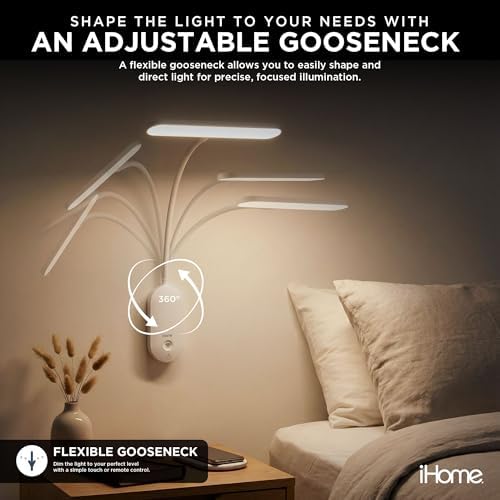 iHome Rechargeable Wall Light with Adjustable Gooseneck, Touch Controls, Dimmable, Warm & Cool Color Tones
