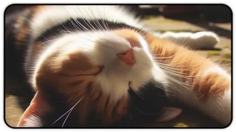 Calico Cat Desk Mat - Stretching Lazily in a Patch of Sun - Premium Rubber Base