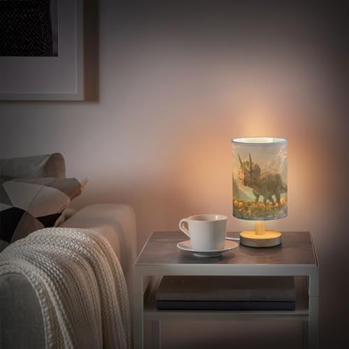 Bedside Lamp Dinosaur Mountain Table Lamp for Bedroom LED Nightstand Lamp Shade USB Ports Wood Base for Living Room Dorm Office