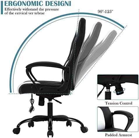 Ergonomic White Gaming Chair - Kids & Adults - Adjustable High Back & Armrest, PU Leather, 360 Swivel