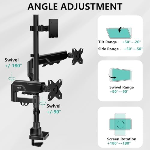 WALI Triple Monitor Mount - Extra Tall 3 Monitor Desk Mount for 17-49 Inch Ultrawide Screens, Up to 44 lbs, Fully Adjustable Heavy Duty Monitor Arm, VESA 75/100 mm (GSDM003-P), Black