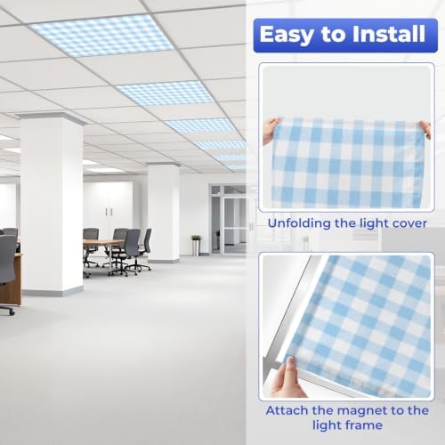4 Pcs Fluorescent Light Covers for Ceiling Lights blue white Gingham check Magnetic Light Filters Decorative for Classroom Office Hospital Home 4x2 Ft