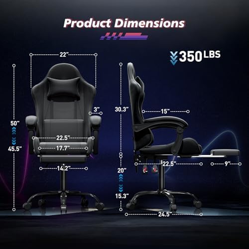 Magshion Gaming Chair for Adults, Ergonomic Computer Chair with Linkage Armrests, Height Adjustable Gamer Chair with Footrest and Headrest for Home Office, 350 Lbs Capacity, Black