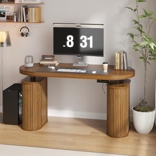 Electric Standing Desk with Storage, 55" Mid Century Modern Sit Stand Desk
