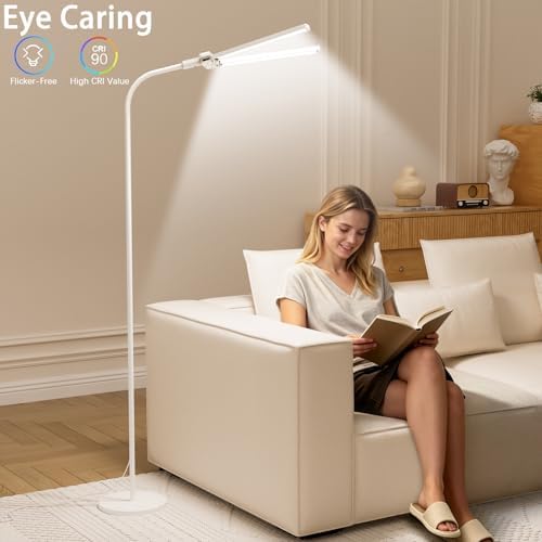SIBRILLE LED Floor Lamp, 24W Dual Head Dimmable Standing Lamp with Remote & Touch Control, Adjustable Gooseneck, 3000K-6500K Modern Reading Lamp for Living Room, Bedroom, Office & Crafts