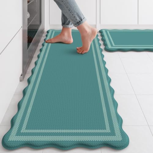 KIMODE Anti Fatigue Kitchen Mats,Teal Scalloped Rugs for Kitchen Floor