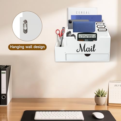 Wood Desk Organizer, Mail Organizer Countertop with 2 Pen Holders