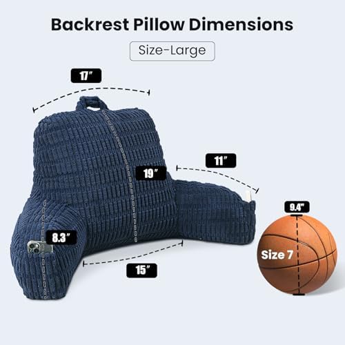 Large Reading Pillow for Sitting Up with Arms,Blue Corduroy