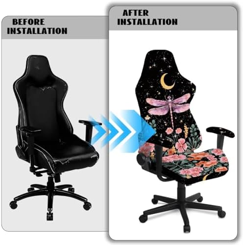 Dragonfly Floral Moon Print Gaming Chair Cover with Armrest Covers Stretchable Stain Resistant Furniture Protector Soft Reclining Racing Gaming Chair
