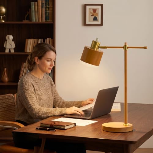 OYEARS 22.2" Mid Century Desk Lamp, Modern Metal Table Lamp with LED Bulb, Adjustable Reading Lamps, Industrial Task Lamp for Home Office, Farmhouse Bedside Lamps with Solid Base, Woodgrain