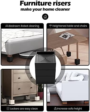 Furniture Risers, Tclouda Bed/Sofa/Desk/Table/Chair Leg/Fridge Lifts to 1.5, 3 and 4 in, Rectangle Adjustable Risers Blocks for Extenders, Heavy Duty Supports Up to 1300 Lbs, 4 in-Black-Square