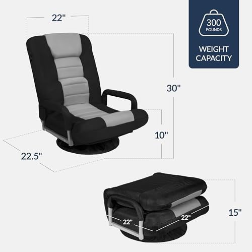 Best Choice Products Swivel Gaming Chair 360 Degree Multipurpose Floor Chair Rocker for TV, Reading, Playing Video Games w/Lumbar Support, Armrest Handles, Adjustable Foldable Backrest - Black/Gray