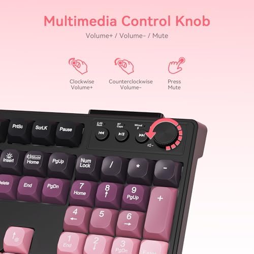 Wireless Keyboard and Mouse Combo, RGB Backlit Rechargeable 2000 mAh Battery, Wireless Computer Keyboards, Tri-Mode Bluetooth/2.4GHz/USB-C Custom Creamy Keyboard, RGB Backlit Media Knob (White-Pink)