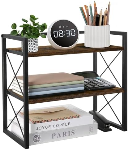 YINMIT Desktop Shelf Organizer, 2 Tier Office Shelves, Wood Desk Organizer Storage Rack and Freestanding Display Shelf for Office, Dormitory, Home