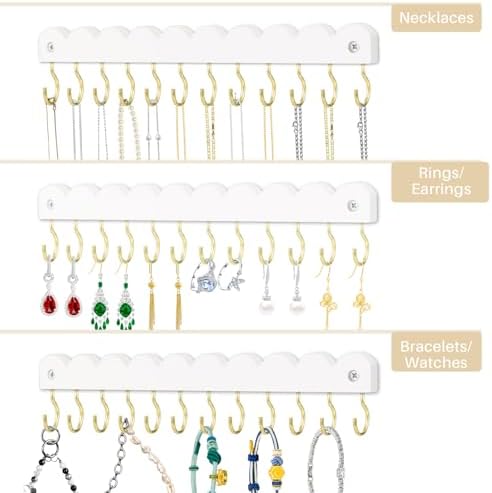 2 Pack Necklace Holder Organizer Wall Mount, Wooden Necklace Hanger Storage Hanging Jewelry Organizer with 12 Hooks for Necklaces, Bracelets, Rings and Bangles Display